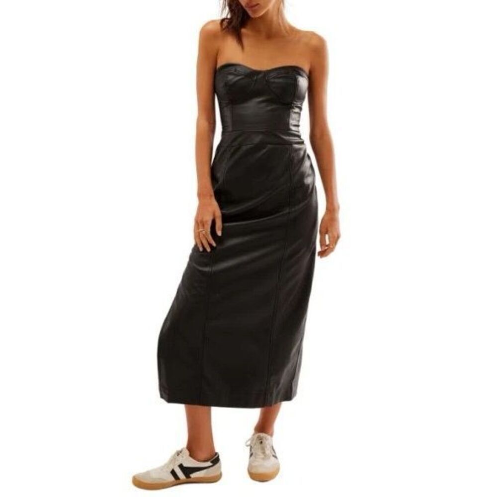 NWT Free People Mira Corset Faux Leather Black Exposed Zipper Dress Women's 4
